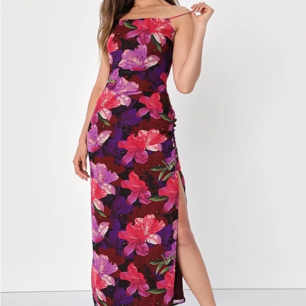Lulus Fancy Florals Burgundy Floral Ruched Column Midi Dress